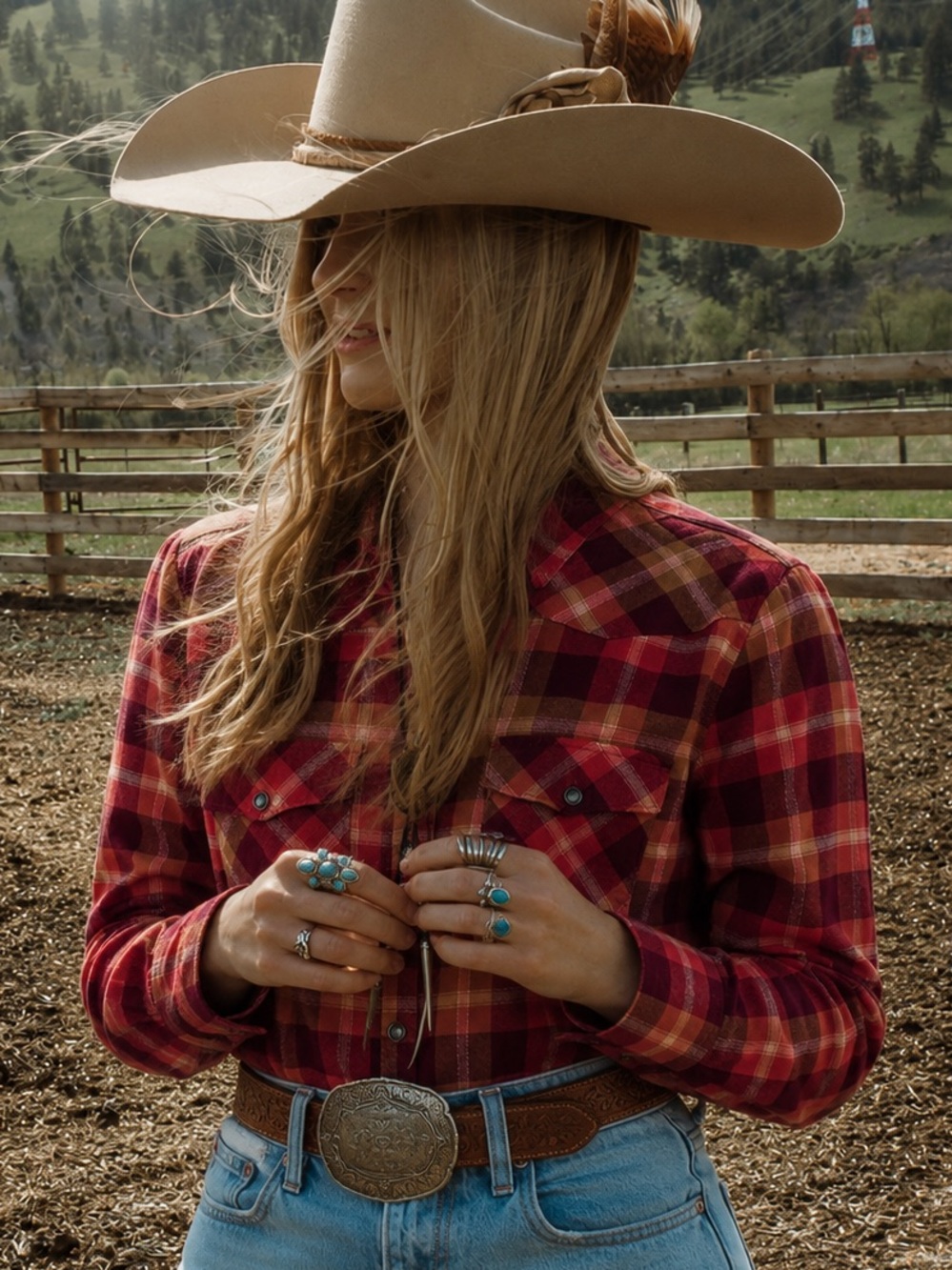 Shyanne Western Cowgirl Plaid Flannel Shirt Red Orange Pearl Snap Shirt Cotton L - Picture 1 of 11